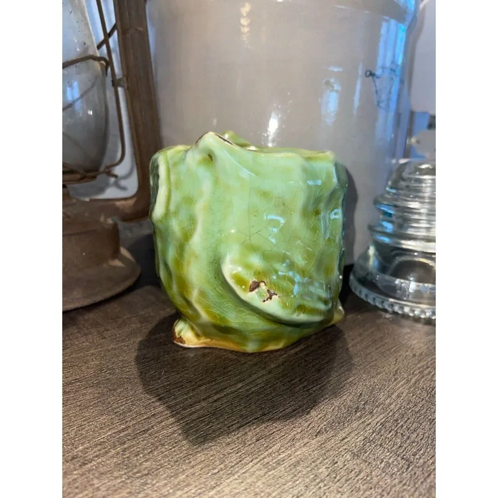Vintage Green Glazed Ceramic Owl Planter Pot Crackle Glaze Hand Crafted Succulen